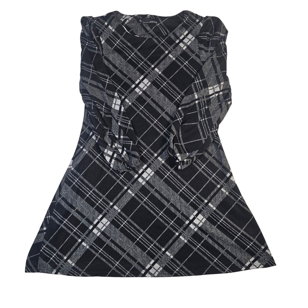 Chetta B Womens Black White Plaid Long Sleeve A-Line Knit Dress Large L